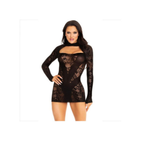 LEG AVENUE - MINI ABITO CON PIZZO MANICA LUNGA NERO