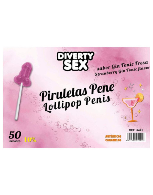 DIABLO GOLOSO - 50 LECCA-LECCA A FORMA DI PENE GIN TONIC GUSTO FRAGOLA 10% ALCOOL