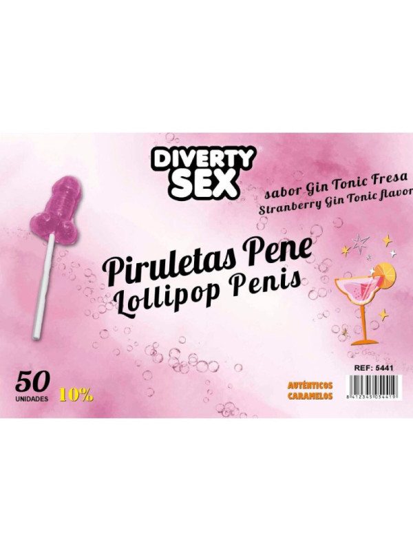 DIABLO GOLOSO - 50 LECCA-LECCA A FORMA DI PENE GIN TONIC GUSTO FRAGOLA 10% ALCOOL