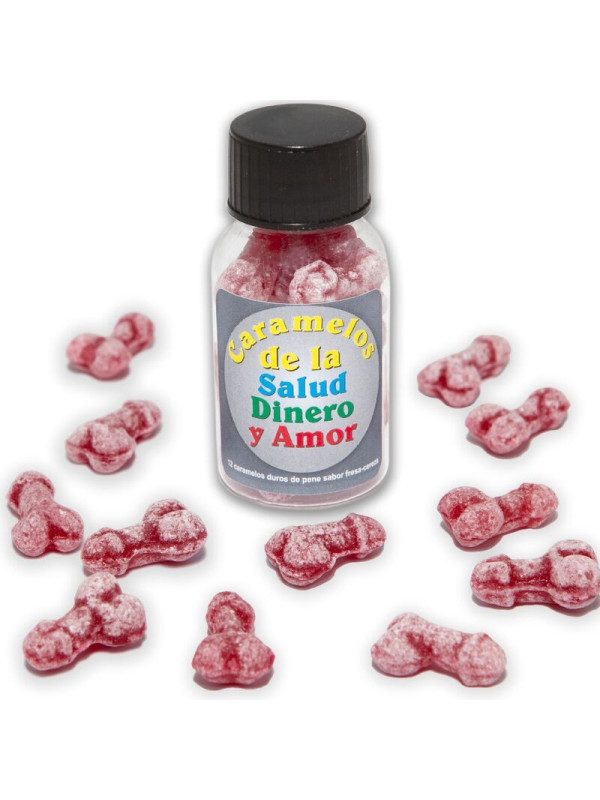 DIABLO PICANTE - 12 CARAMELLE SALUTE-SOLDI-AMORE A FORMA DI PENE FRAGOLA/CILIEGIA