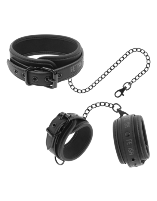 FETISH SUBMISSIVE - COLLANA E MANETTE IN PELLE VEGANA CON FODERA IN NOPRENE