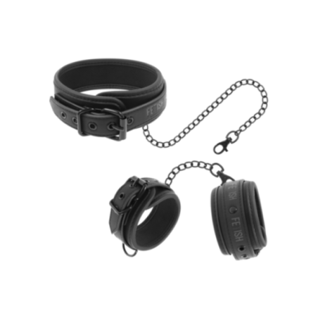 FETISH SUBMISSIVE - COLLANA E MANETTE IN PELLE VEGANA CON FODERA IN NOPRENE