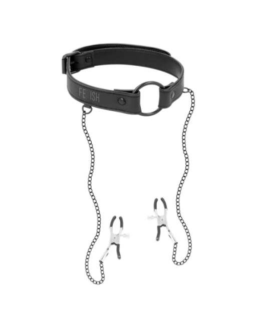 FETISH SUBMISSIVE - ANELLO GAG CON MORSETTI PER CAPEZZOLI