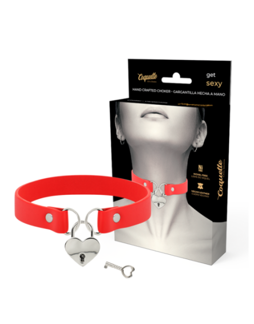 COQUETTE CHIC DESIRE - COLLANA IN PELLE VEGANA ROSSA CON ACCESSORIO CUORE CON CHIAVE