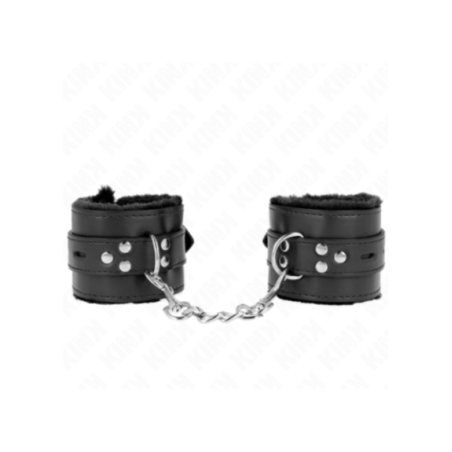 KINK - POLSINI IMBOTTITI IN PELLICCIA CON FORI QUADRI NERI E CINTURA NERA REGOLABILE 17-29 CM X 6 CM