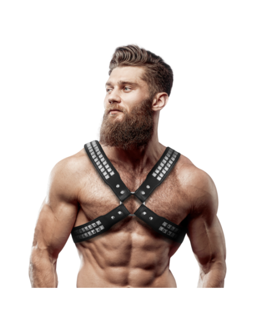 FETISH SUBMISSIVE ATTITUDE - IMBRACATURA IN ECOPELLE CON PETTO INCROCIATO DA UOMO CON RIVETTI