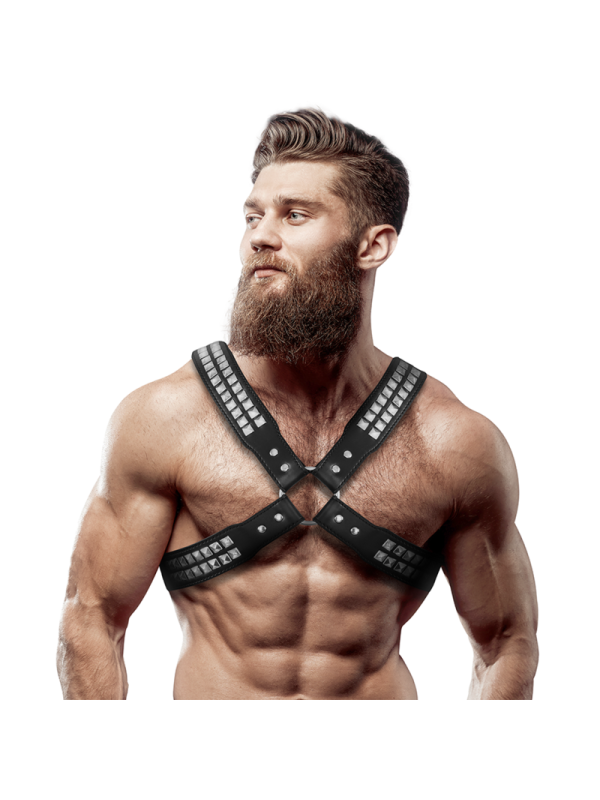 FETISH SUBMISSIVE ATTITUDE - IMBRACATURA IN ECOPELLE CON PETTO INCROCIATO DA UOMO CON RIVETTI
