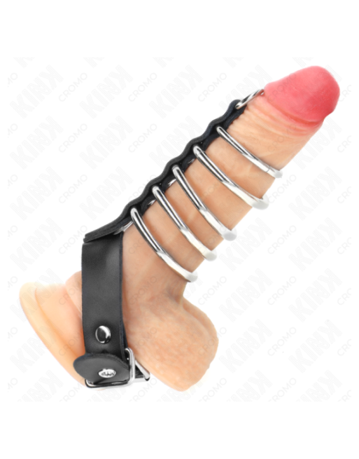KINK - ANELLO PER PENE IN PELLE CON CINGHIA DI BLOCCAGGIO 21 X 2 CM E 5 ANELLI IN METALLO DA 3 CM A 4 CM