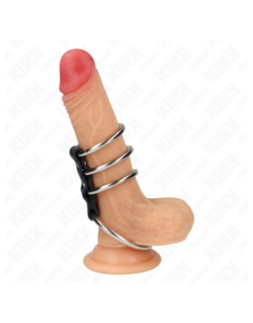 KINK - 4 ANELLI PER PENE IN METALLO DA 3,7 CM A 5 CM COLLEGATI DA PELLE