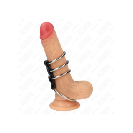 KINK - 4 ANELLI PER PENE IN METALLO DA 3,7 CM A 5 CM COLLEGATI DA PELLE