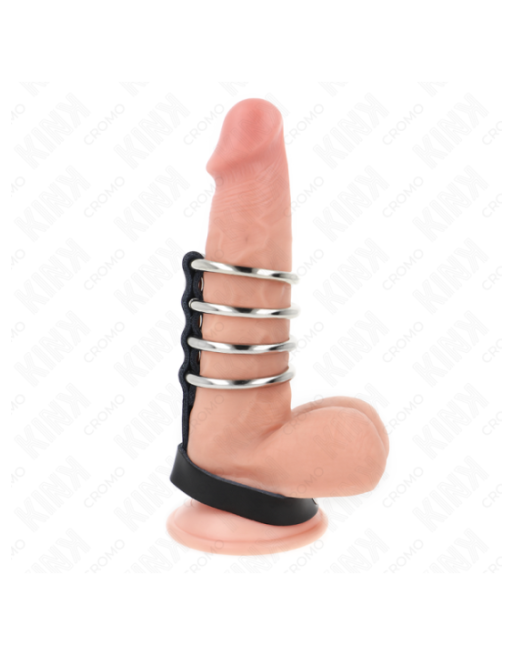 KINK - 4 ANELLI PER PENE IN METALLO DA 3,8 CM COLLEGATI CON CINTURINO IN PELLE DA 22 X 1,5 CM E CHIUSURA A PRESSIONE