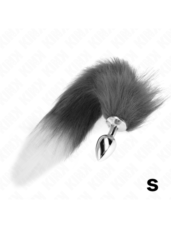 KINK - PLUG ANALE TAGLIA S 7 X 3 CM CON CODA SINTETICA 40 CM GRIGIO E BIANCO