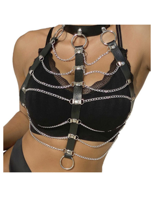 SUBBLIME - PETTORALE CATENE IN PELLE NERA TAGLIA UNICA