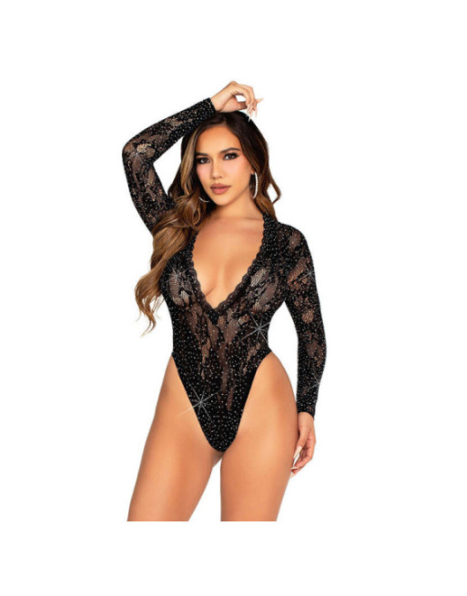 LEG AVENUE - BODY IN PIZZO E MANICA LUNGA CON STRASS NERO TAGLIA UNICA