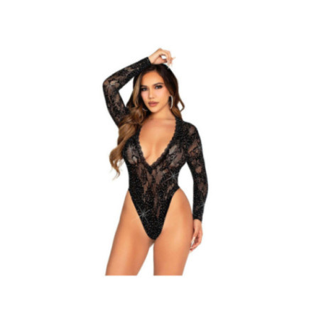 LEG AVENUE - BODY IN PIZZO E MANICA LUNGA CON STRASS NERO TAGLIA UNICA