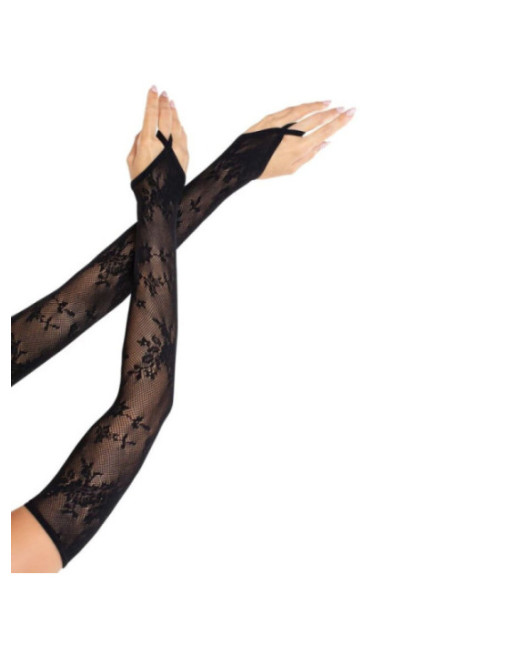 LEG AVENUE - GUANTI SCALDA MANICOTTI IN PIZZO FLOREALE EXTRA LUNGHI NERI