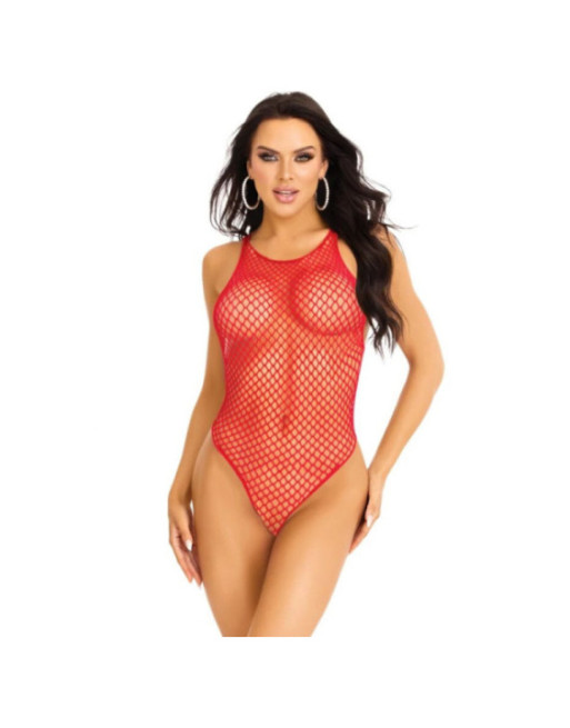 LEG AVENUE - BODY CON CANOTTA A RETE E BOTTONI A PRESSIONE TAGLIA UNICA ROSSO