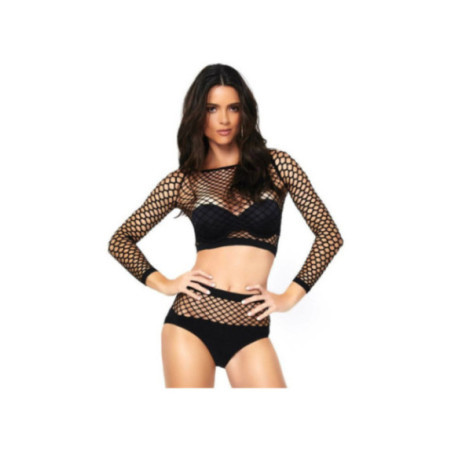 LEG AVENUE - SET 2 PEZZI IN RETE TOP MANICHE LUNGHE E VITA ALTA TAGLIA UNICA