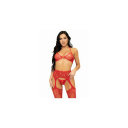 LEG AVENUE - SET TRE PEZZI REGGISENO, PERING E CALZA TAGLIA UNICA - ROSSO