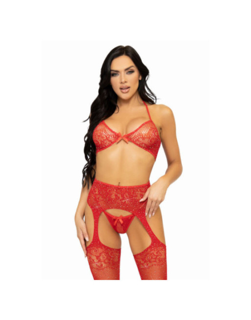 LEG AVENUE - SET TRE PEZZI REGGISENO, PERING E CALZA TAGLIA UNICA - ROSSO
