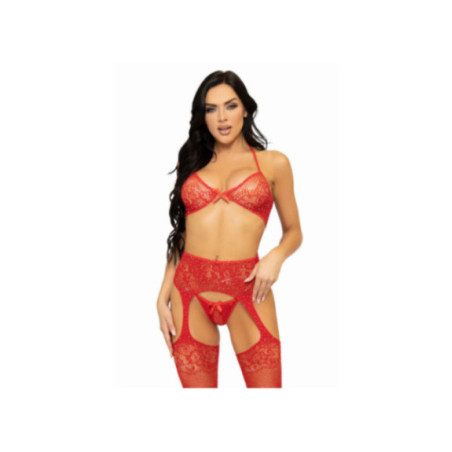 LEG AVENUE - SET TRE PEZZI REGGISENO, PERING E CALZA TAGLIA UNICA - ROSSO