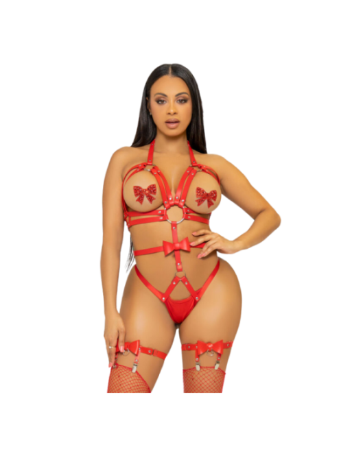 LEG AVENUE - KINK - IMBRACATURA CON O-RING CON BORCHIE TEDDY TAGLIA M - ROSSO