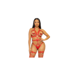 LEG AVENUE - KINK - IMBRACATURA CON O-RING CON BORCHIE TEDDY TAGLIA L - ROSSO