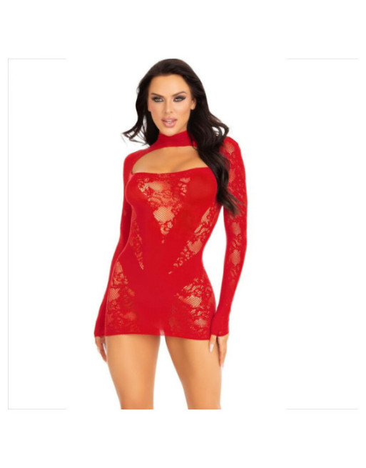 LEG AVENUE - MINI ABITO CON PIZZO MANICA LUNGA ROSSO