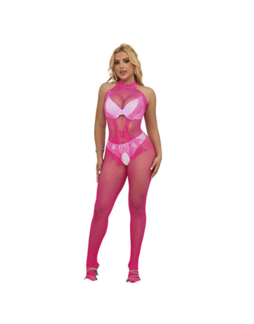 SUBBLIME - 952389 BODYSTOCKING A RETE E PIZZO SENZA CAVALLO CON COLLO ALTO ROSA TAGLIA UNICA