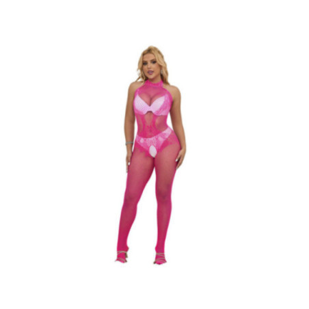 SUBBLIME - 952389 BODYSTOCKING A RETE E PIZZO SENZA CAVALLO CON COLLO ALTO ROSA TAGLIA UNICA