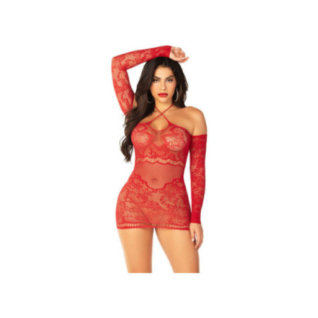 LEG AVENUE - ABITO MINI A RETE CON MANICHE LUNGHE E SPALLE SCOPERTE ROSSO