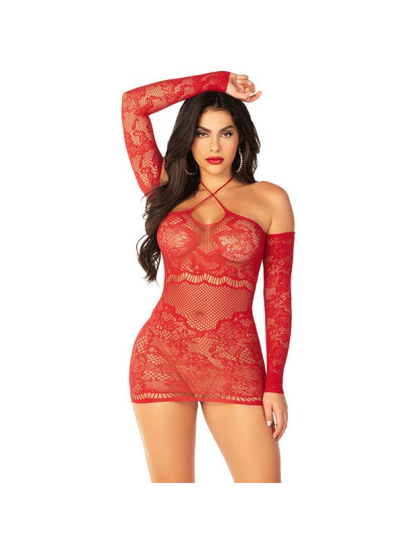 LEG AVENUE - ABITO MINI A RETE CON MANICHE LUNGHE E SPALLE SCOPERTE ROSSO