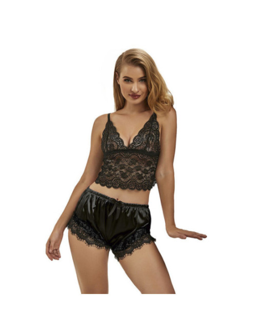 SUBBLIME - 953942 VESTAGLIA DA NOTTE CASUAL IN SETA + PANTALONI IN PIZZO NERO L/XL