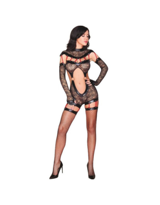 LIVCO CORSETTI FASHION - SAKURA CF 90357 TUTA + GUANTI LUNGHI + CINTURA REGGICALZE NERO S/M