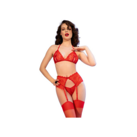 CHILIROSE - CR 4848 SET REGGISENO IN PIZZO ROSSO + PERIZOMA + CALZE T