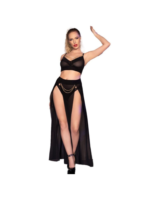 CHILIROSE - CR 4672 GONNA TOP NERA E PERIZOMA CON CATENE ORO L