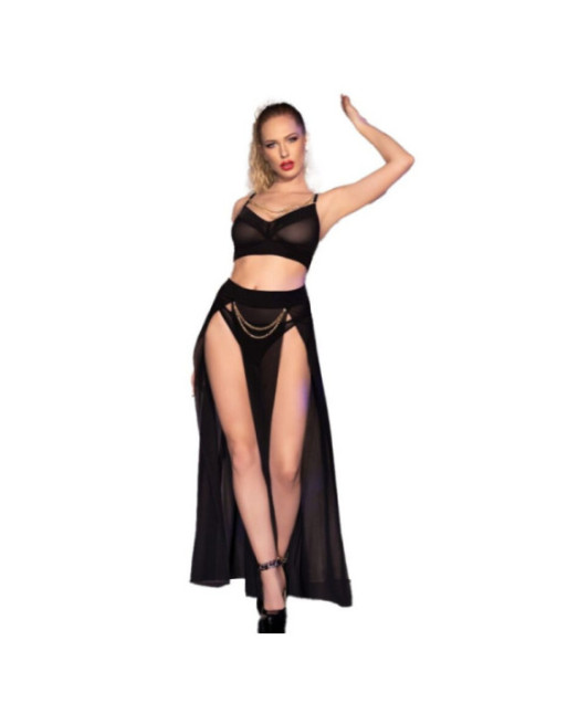 CHILIROSE - CR 4672 GONNA TOP NERA E PERIZOMA CON CATENE ORO XL
