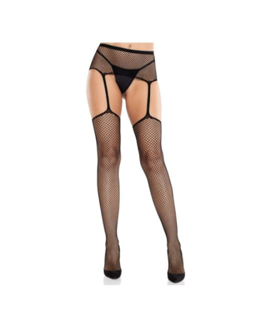 LEG AVENUE - CALZE IN PIZZO CON CROCE E CINTURA REGGICALZE NERE