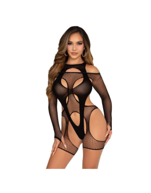 LEG AVENUE - BODYSTOCKING A RETE CON CINTURA E IMBRACATURA NERA