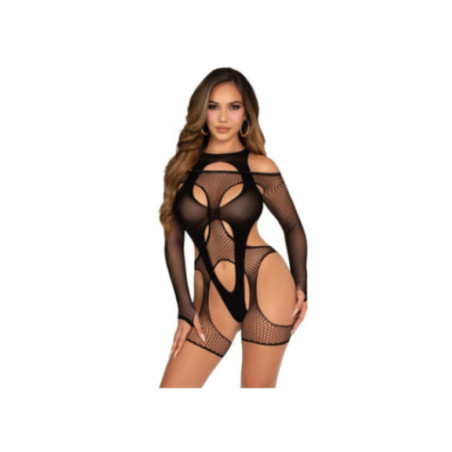LEG AVENUE - BODYSTOCKING A RETE CON CINTURA E IMBRACATURA NERA