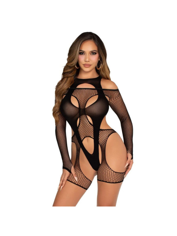 LEG AVENUE - BODYSTOCKING A RETE CON CINTURA E IMBRACATURA NERA