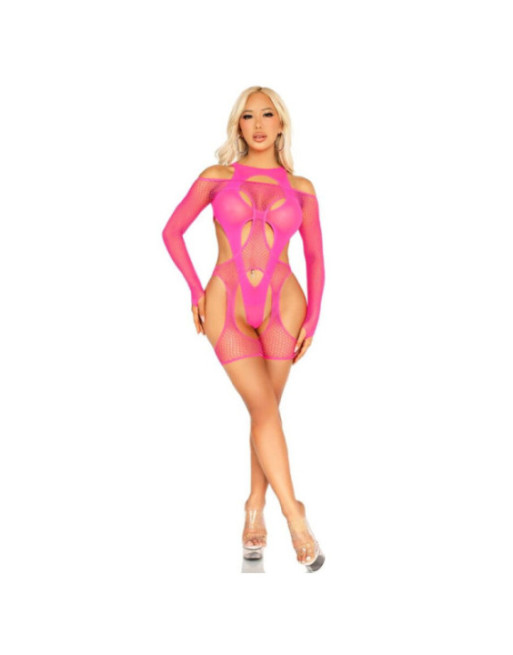 LEG AVENUE - BODYSTOCKING A RETE CON CINTURA E IMBRACATURA ROSA NEON