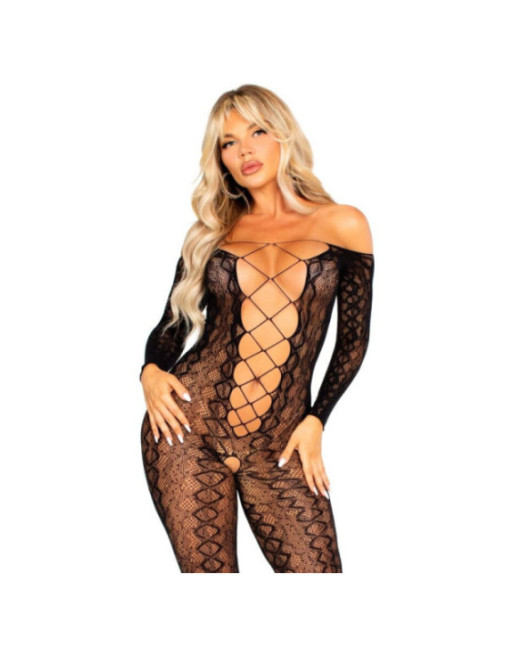 LEG AVENUE - BODYSTOCKING SENZA CAVALLO IN PIZZO SERPENTE ESOTICO NERO