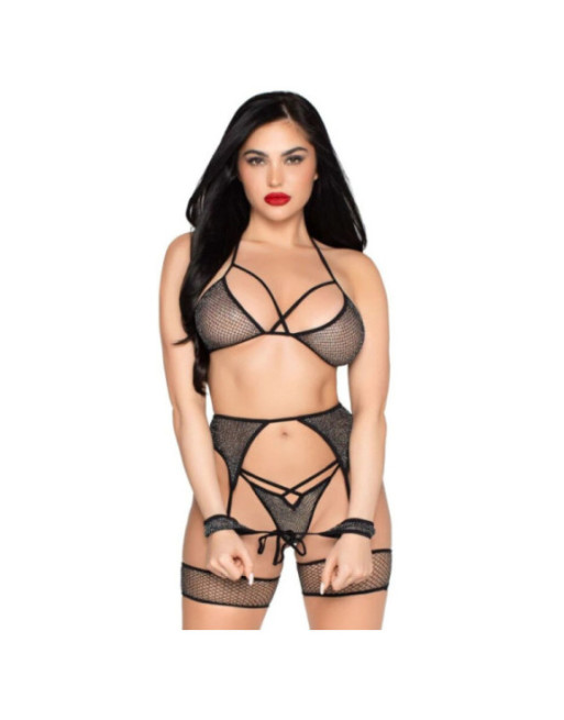 LEG AVENUE - 89362 SET TOP + PERIZOMA + GIARRETTIERA + MANETTE NERO - TAGLIA UNICA