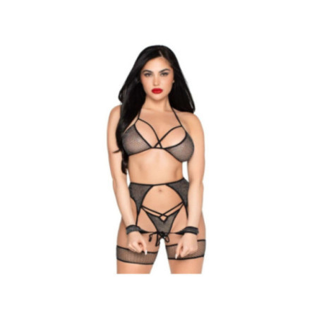 LEG AVENUE - 89362 SET TOP + PERIZOMA + GIARRETTIERA + MANETTE NERO - TAGLIA UNICA