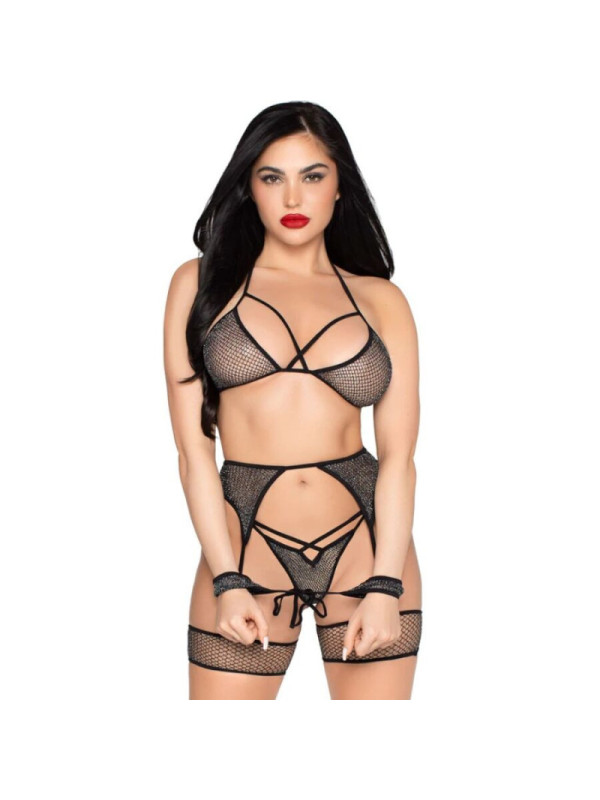 LEG AVENUE - 89362 SET TOP + PERIZOMA + GIARRETTIERA + MANETTE NERO - TAGLIA UNICA