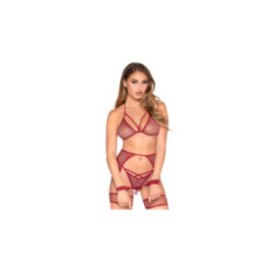 LEG AVENUE - 89362 SET TOP + PERIZOMA + GIARRETTIERA + MANETTE ROSSO - TAGLIA UNICA