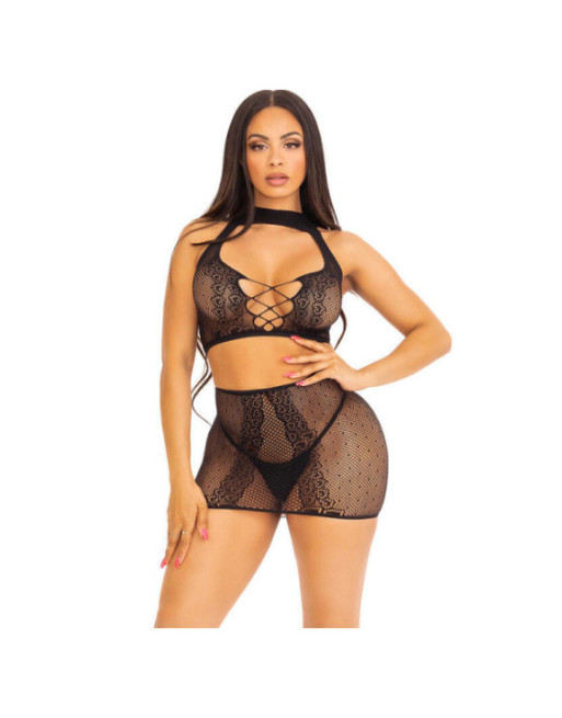 LEG AVENUE - TOP E GONNA IN PIZZO APERTO NERO