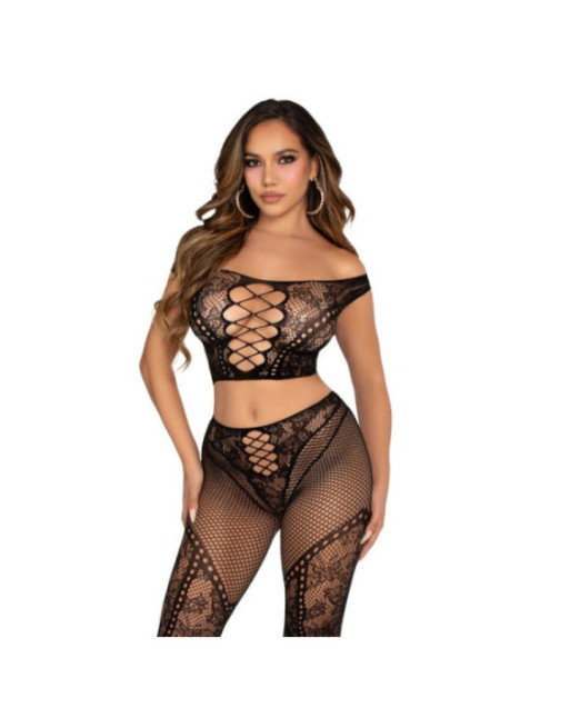 LEG AVENUE - CROP TOP E LEGGING A RETE CON SPALLE SCOPERTE NERO