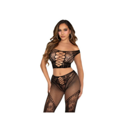 LEG AVENUE - CROP TOP E LEGGING A RETE CON SPALLE SCOPERTE NERO